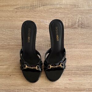 Fashion Nova Black Patent Mules with Gold Accents